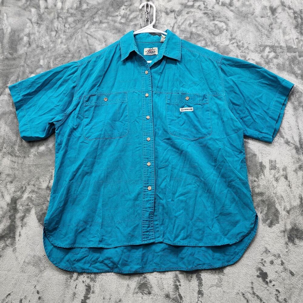 Vintage Chic Schooners Top Women L Blue Cotton Short Sleeve Button Front Outdoor